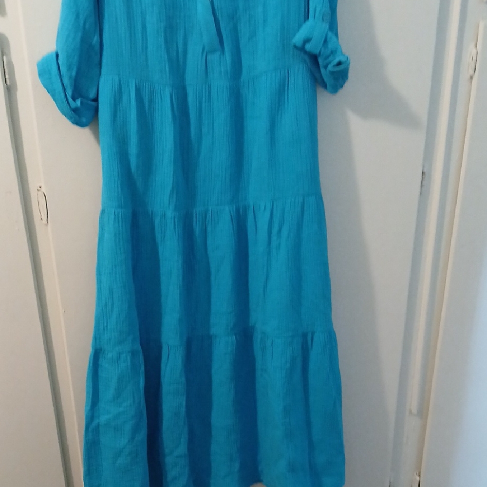 Chico's Blue Sundress with V-Neck and Cuffed 3/4 Sleeves - Picture 4 of 7